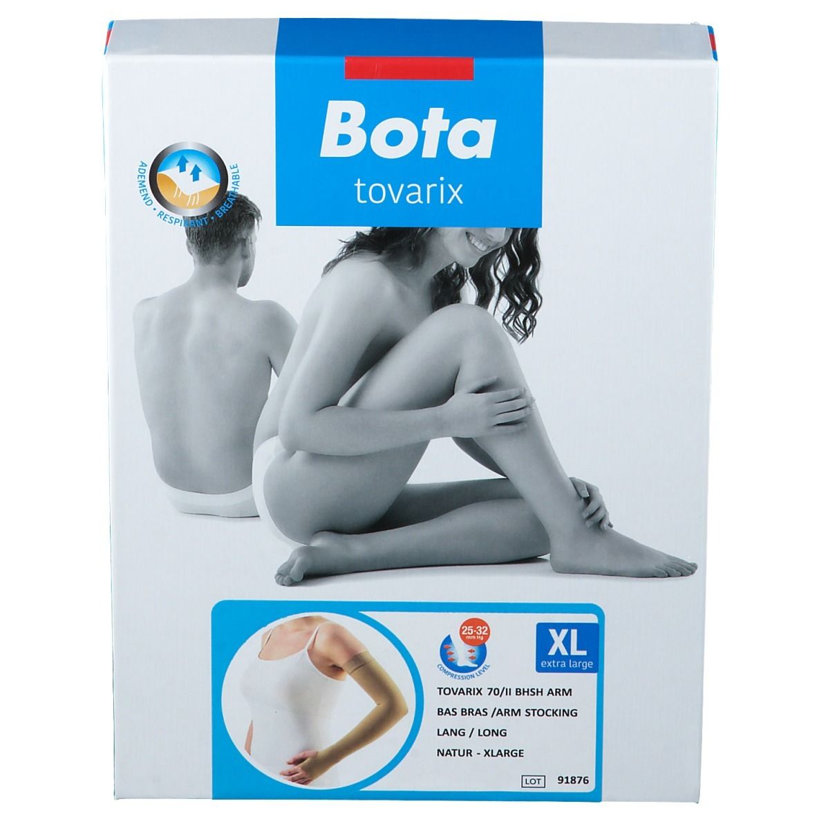 Verpackung von Bota Tovarix 70/II BHSH XL. Aufdrucke: XL, Bas Bras Arm Stocking, Natur - XLarge. Abbildung: Frau und Mann.