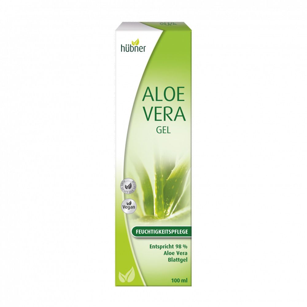 Gel d'Aloe Vera Hübner dans une boîte. Design vert et blanc. Texte: Aloe Vera Gel, Soin hydratant, 98% gel de feuilles d'Aloe Vera.