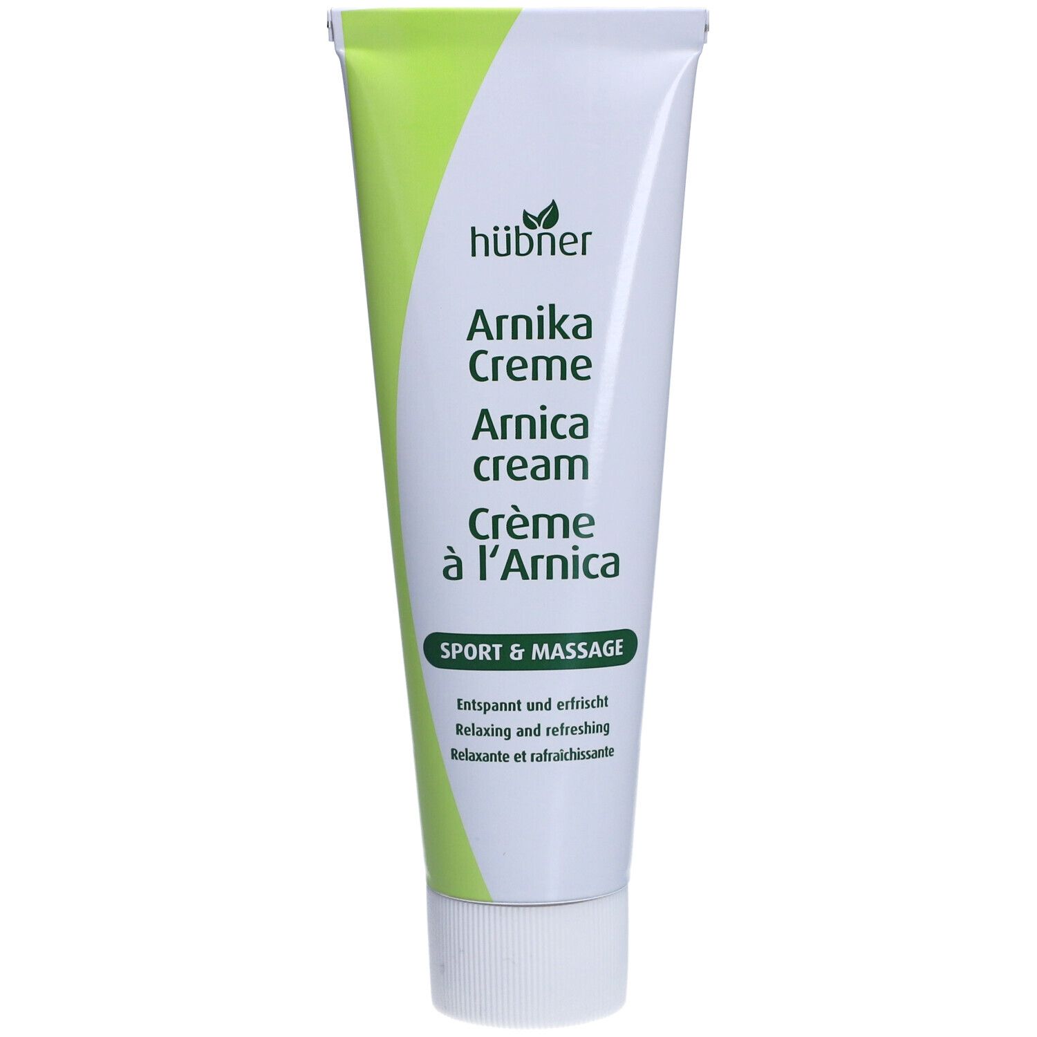 Tube blanc et vert avec "Arnica Creme". Texte en allemand, anglais et français. "Sport & Massage" en dessous.