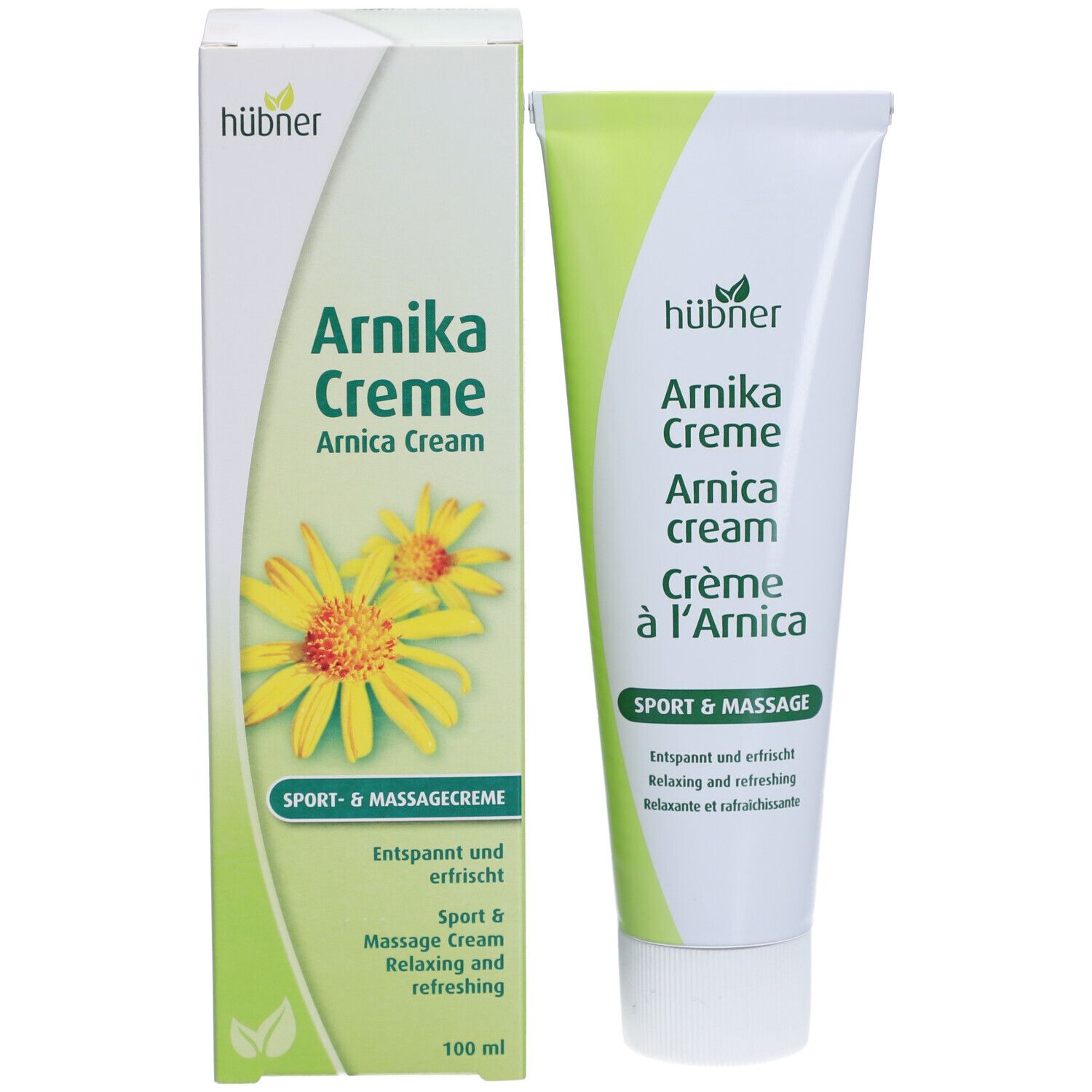 Emballage du produit avec tube et boîte. Boîte avec "Arnica Creme" et fleurs jaunes. Tube à côté.