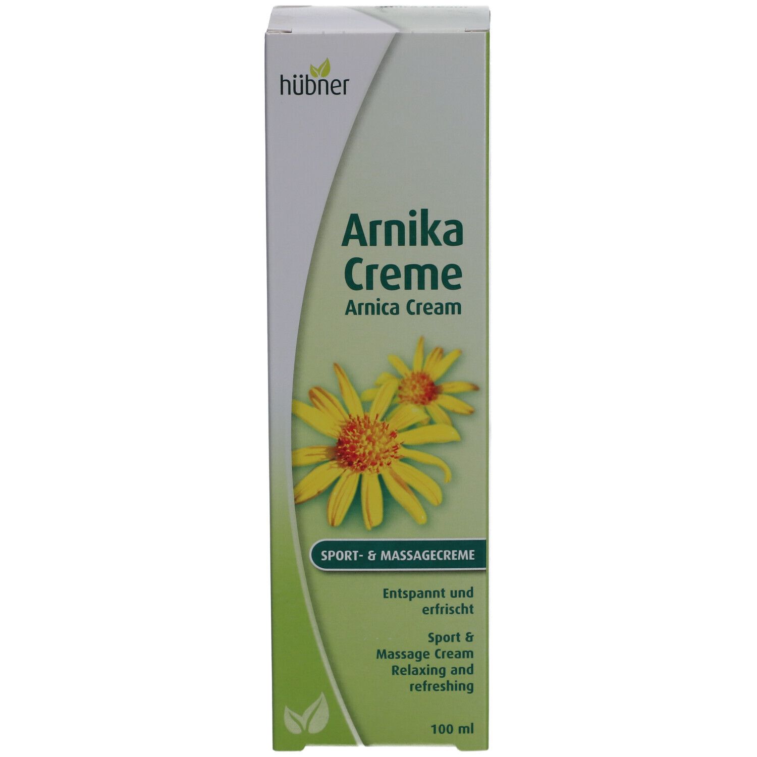 Boîte avec "Arnica Creme" et fleurs jaunes. Texte en allemand et en anglais. "Sport & Massagecreme" en dessous.