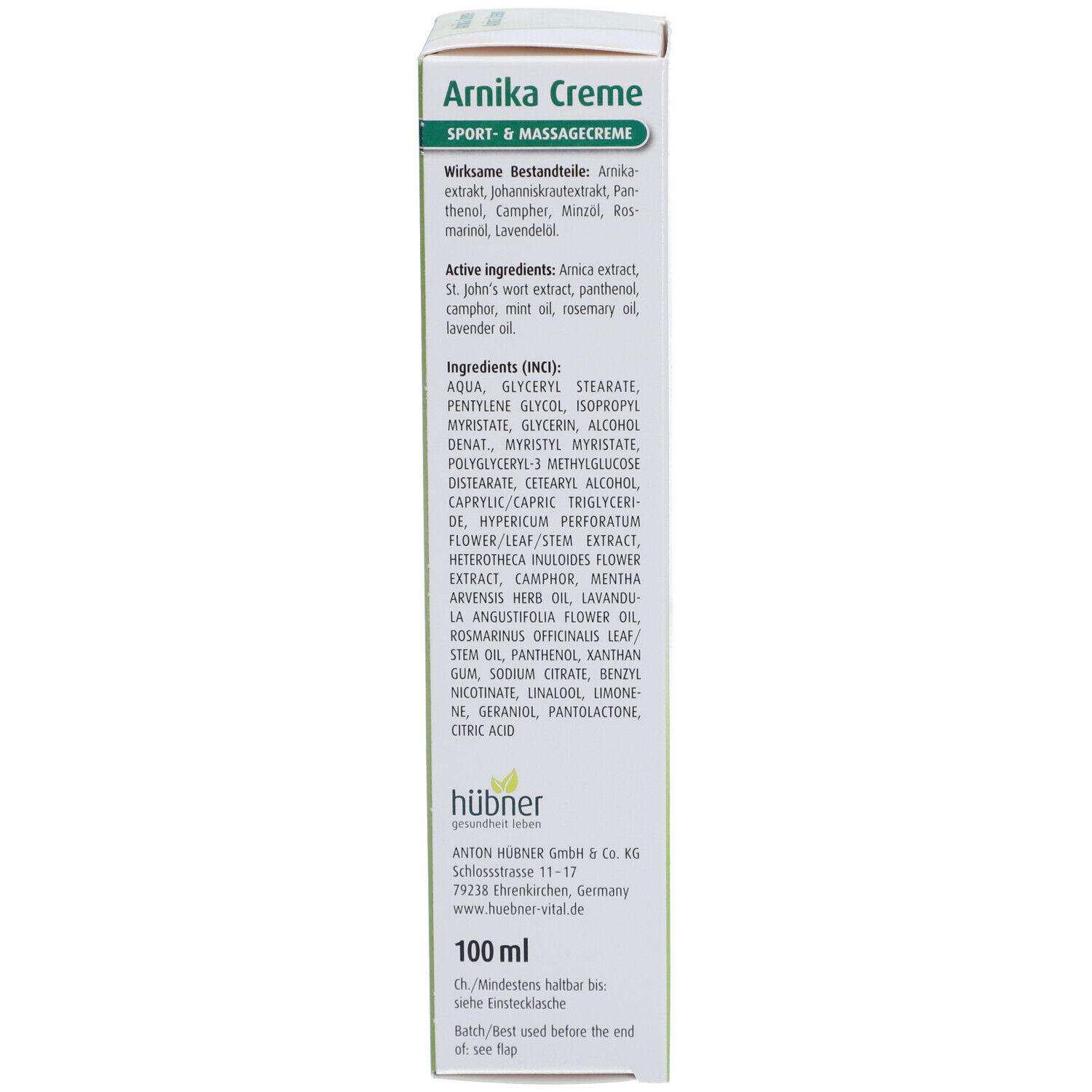 Boîte avec "Arnica Creme". Contient des informations sur les ingrédients et le fabricant. 100 ml.