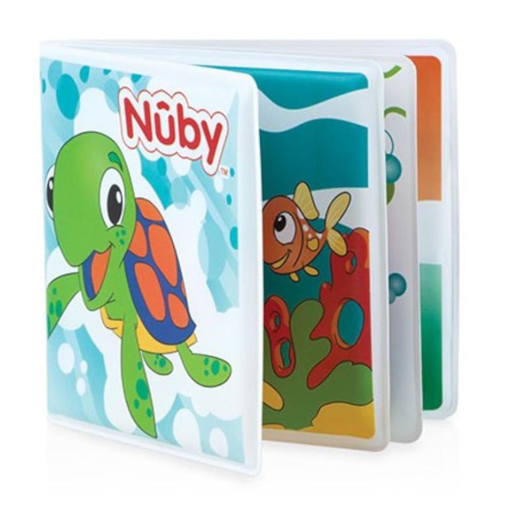 Livre de bain avec illustrations colorées. Une tortue sur la couverture. Plusieurs pages sont visibles.