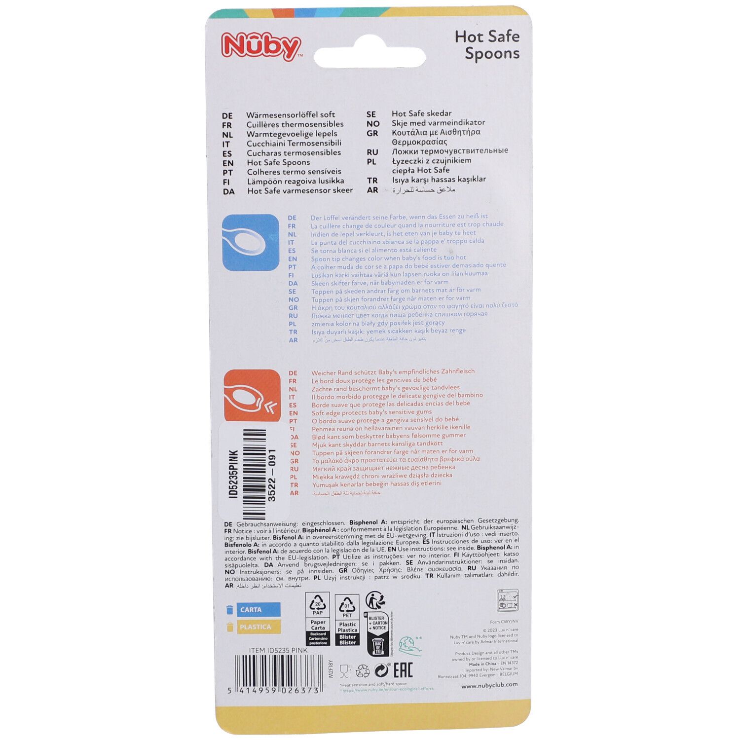 Dos de l'emballage avec texte et symboles. Marque Nûby, texte: Hot Safe Spoons. Informations multilingues sur le produit.
