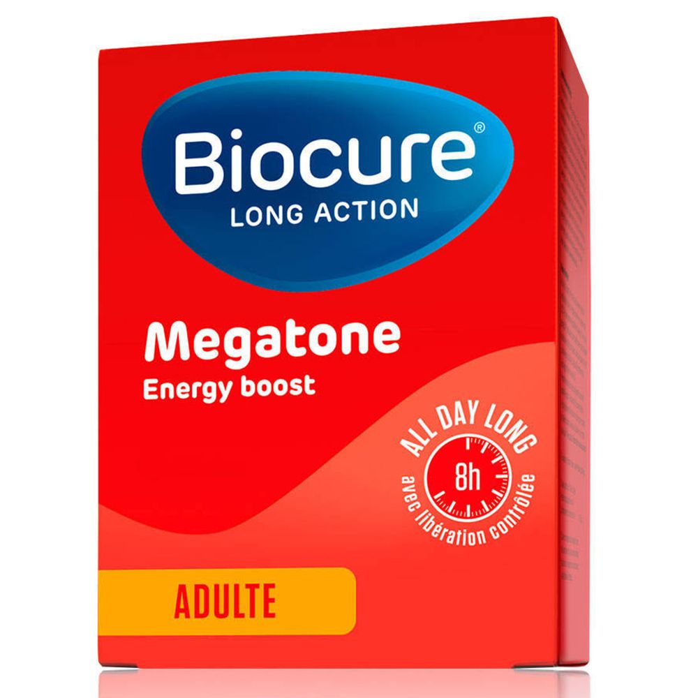 Rode doos met Biocure-logo en productnaam Megatone. Bevat de toevoeging "Energy boost" en "Adulte".