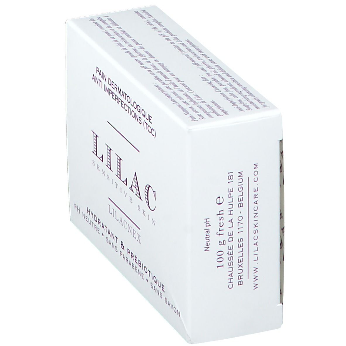 Boîte blanche inclinée avec "LILAC" et "PAIN DERMATOLOGIQUE ANTI IMPERFECTIONS". Contient "LILACNEX".
