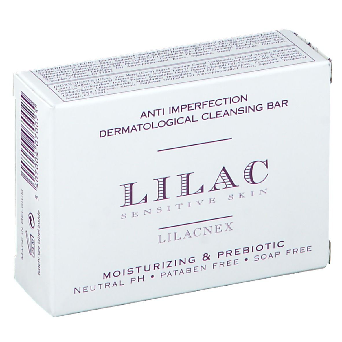 Boîte blanche avec "LILAC" et "ANTI IMPERFECTION DERMATOLOGICAL CLEANSING BAR". Contient "LILACNEX".