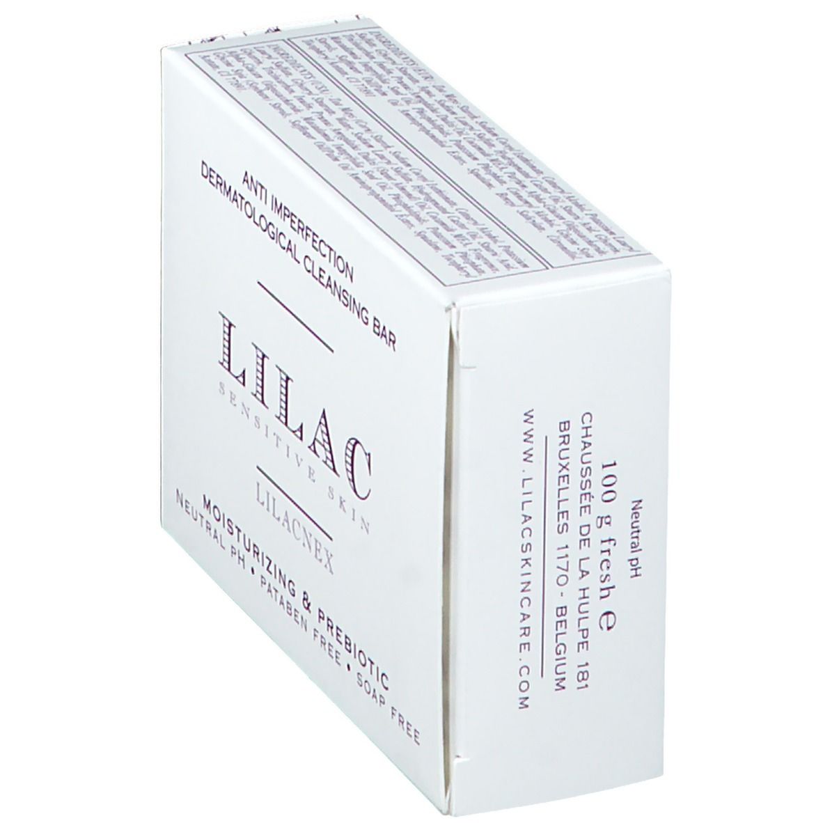 Boîte blanche inclinée avec "LILAC" et "ANTI IMPERFECTION DERMATOLOGICAL CLEANSING BAR". Contient "LILACNEX".