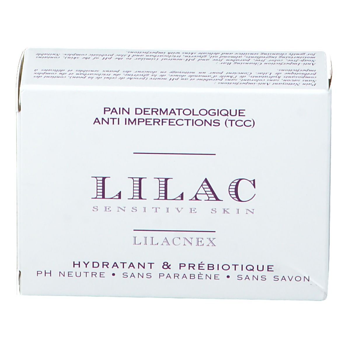 Boîte blanche avec "LILAC" et "PAIN DERMATOLOGIQUE ANTI IMPERFECTIONS". Contient "LILACNEX".