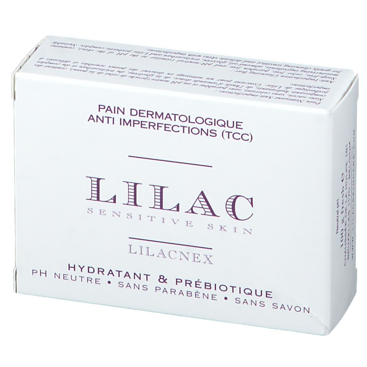 Boîte blanche avec "LILAC" et "PAIN DERMATOLOGIQUE ANTI IMPERFECTIONS". Contient "LILACNEX".