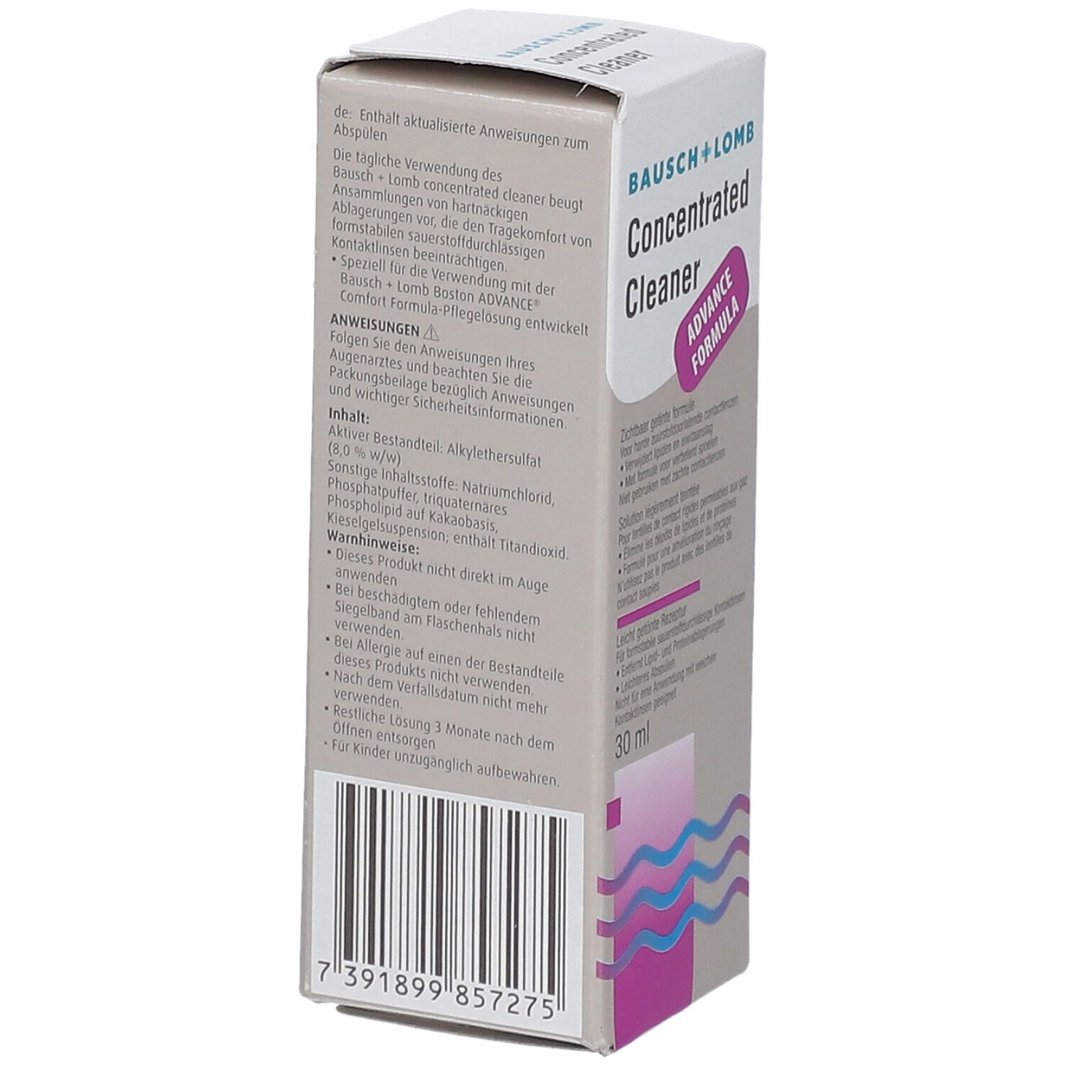 Kartonverpackung mit Produktinformationen und Barcode. Enthält Text in mehreren Sprachen. 30 ml.