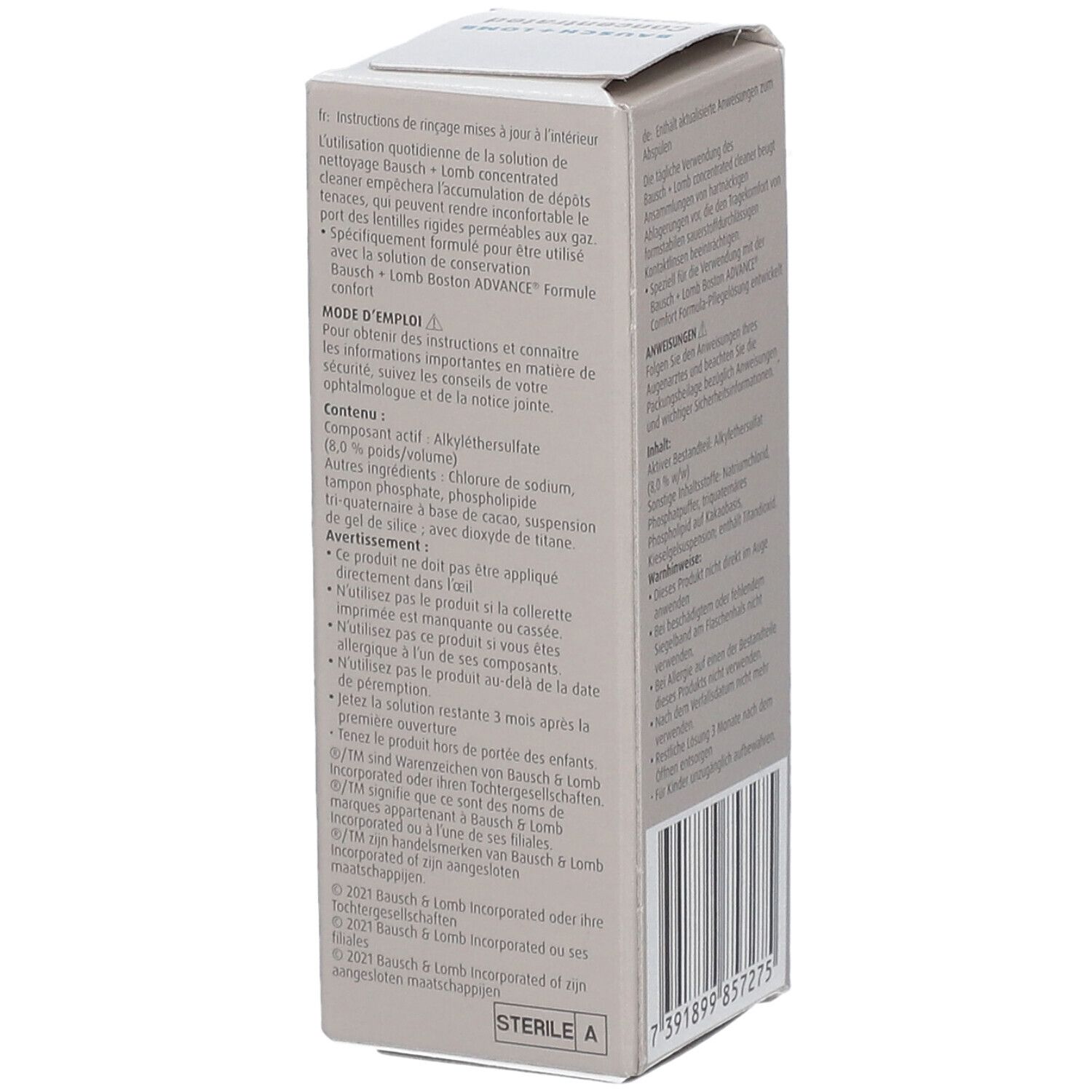 Kartonverpackung mit Produktinformationen und Text in mehreren Sprachen. Enthält Barcode. 30 ml.