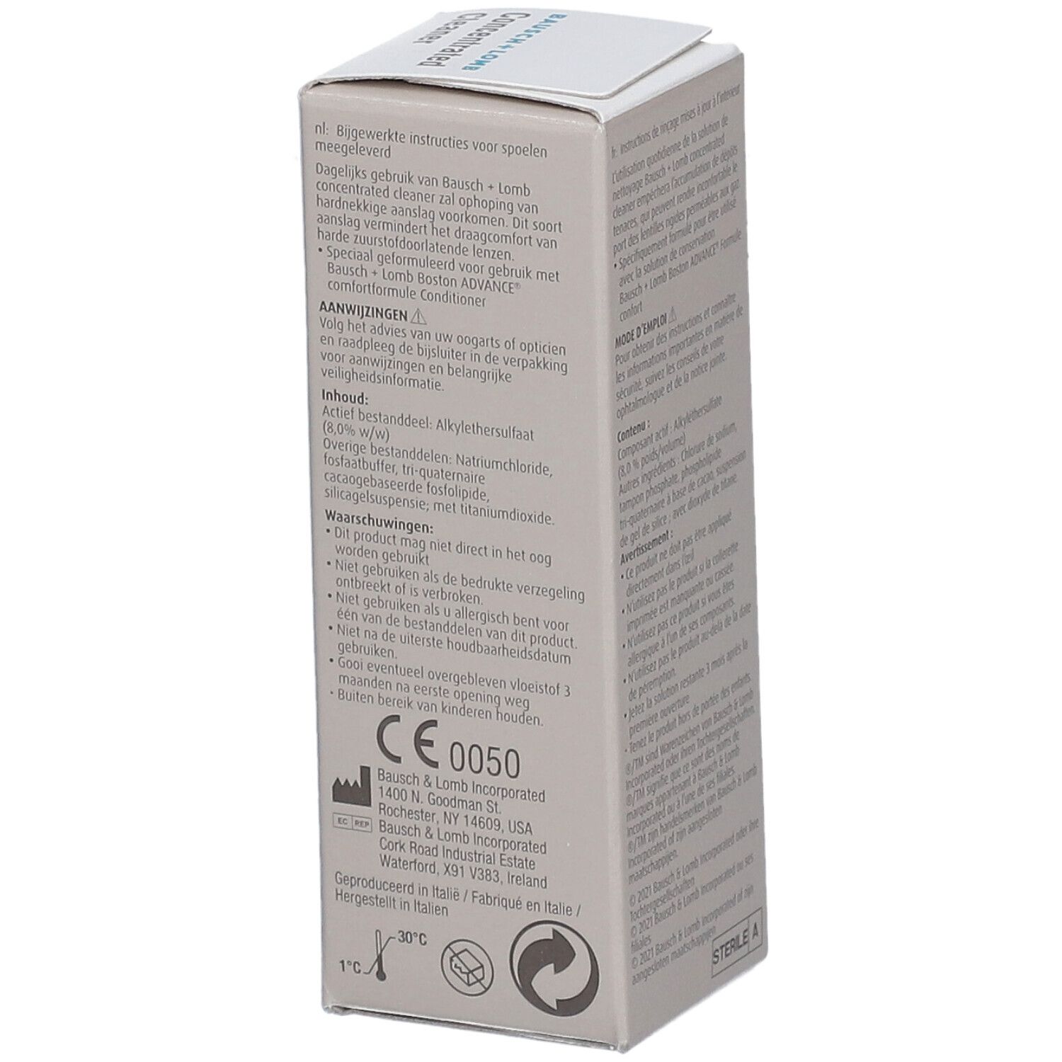 Kartonverpackung mit Produktinformationen und Text in mehreren Sprachen. Enthält CE-Kennzeichnung. 30 ml.