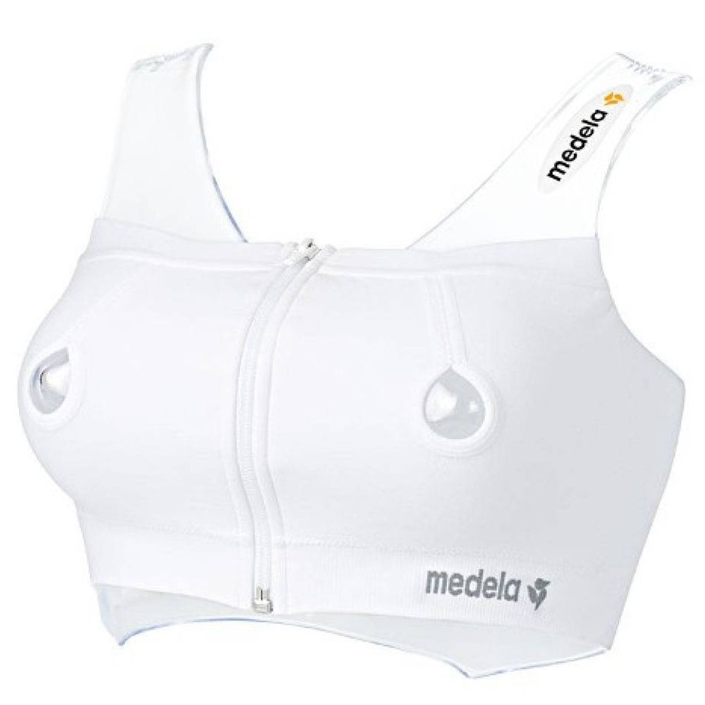 Wit bustier met rits en openingen voor borstschilden. Merk Medela op bandjes en zoom.