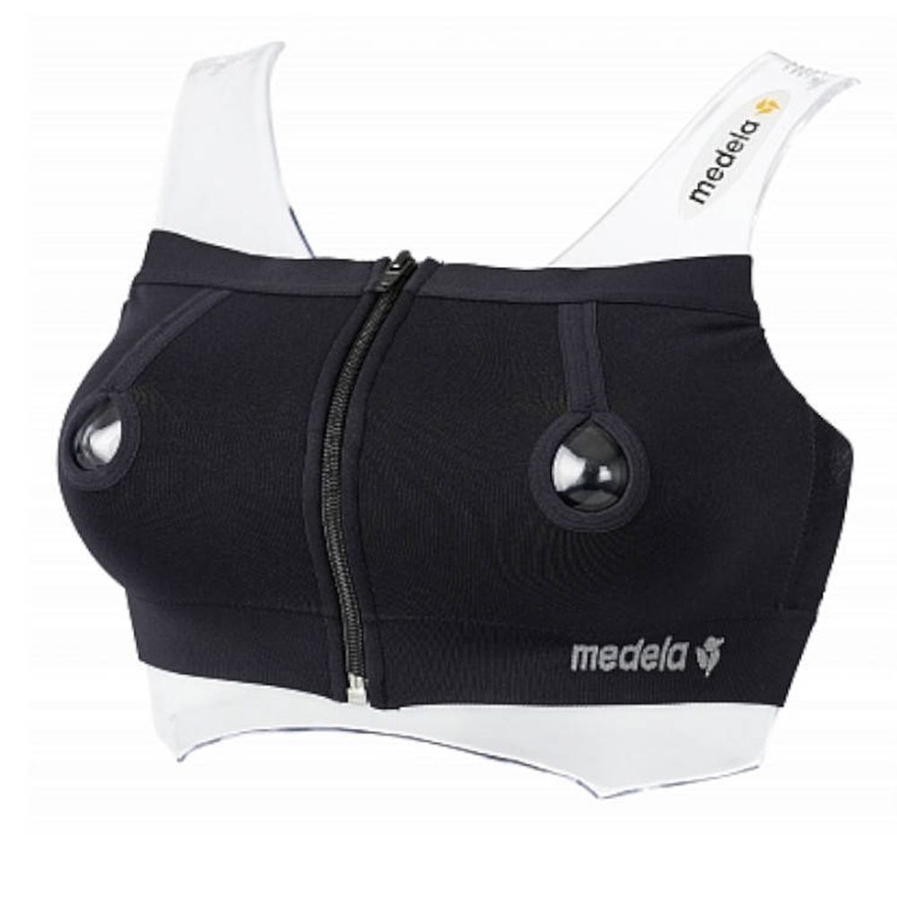 Zwarte Medela Easy Expression bustier met rits en openingen voor borstschilden.