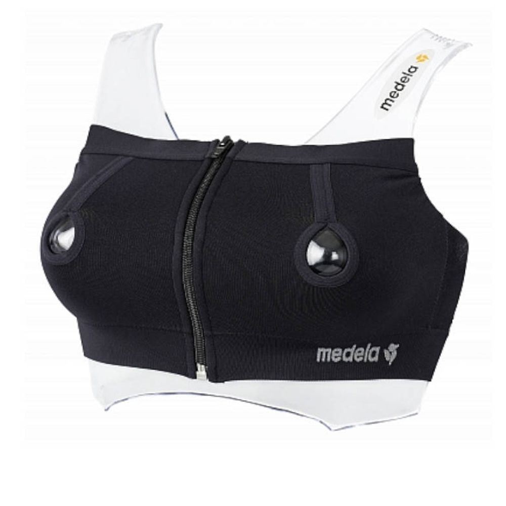 Schwarzer Bustier mit Reißverschluss und Öffnungen. Marke Medela sichtbar.