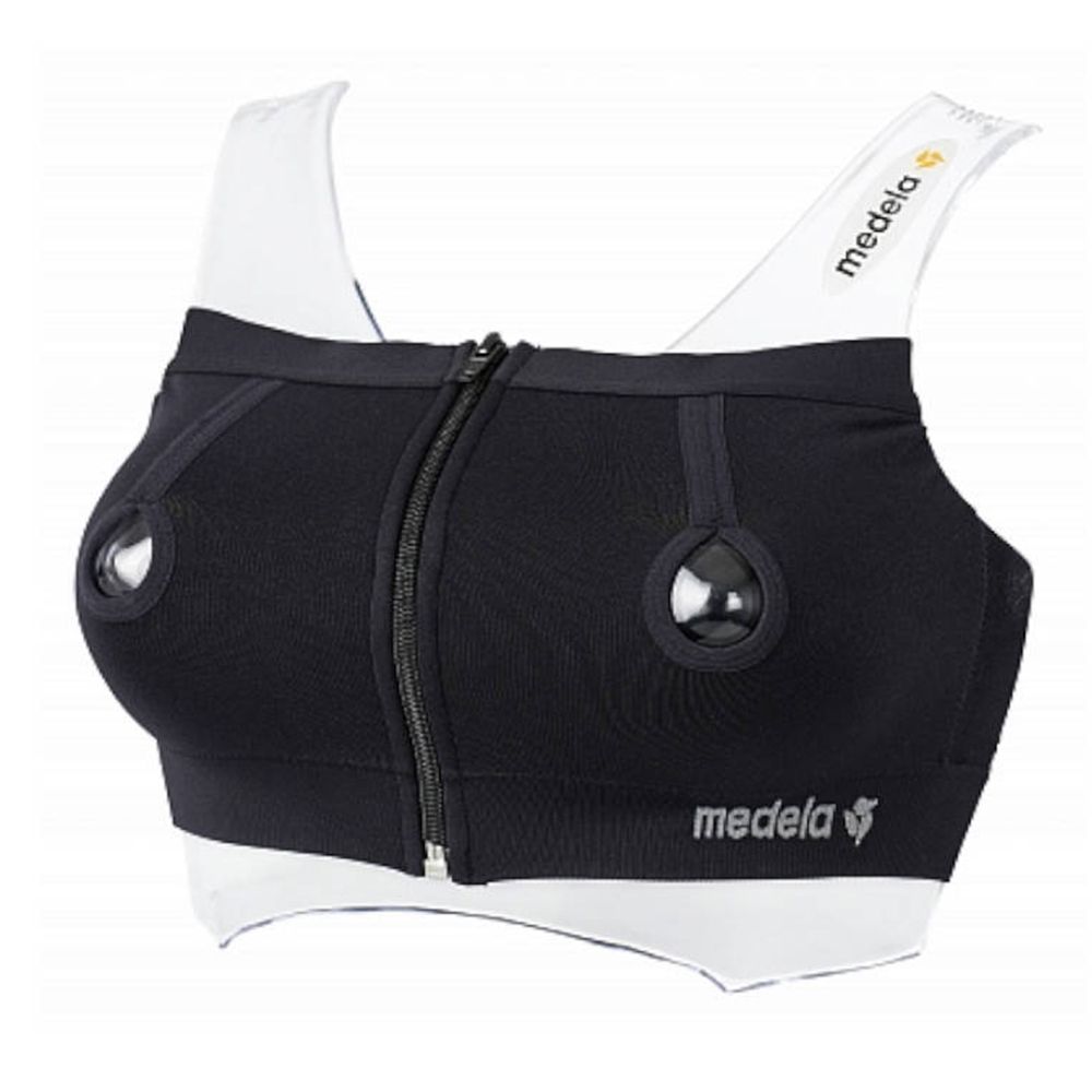 Schwarzer Medela Easy Expression Bustier mit Reißverschluss und Öffnungen für Brustwarzen. Größe L.