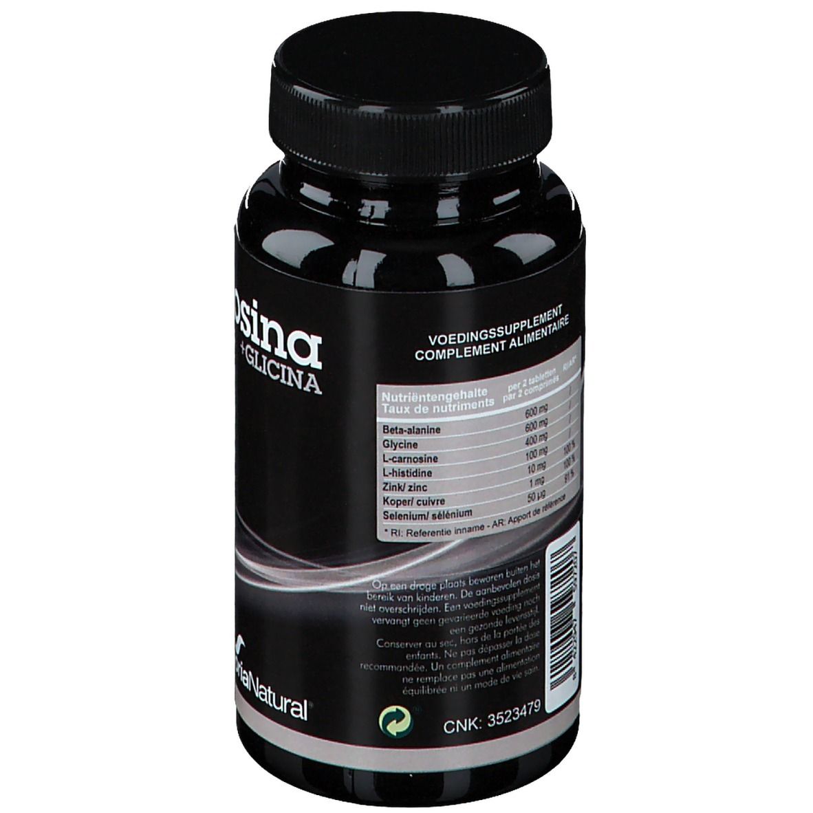 Dos du flacon noir. Informations nutritionnelles. Marque Soria Natural. Numéro CNK.