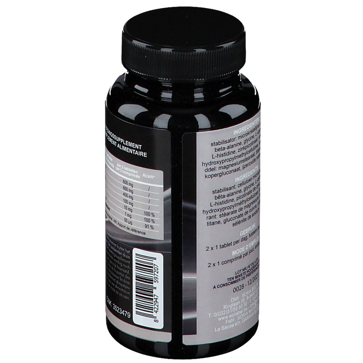 Dos du flacon noir. Liste des ingrédients et dosage. Numéro CNK et code-barres.