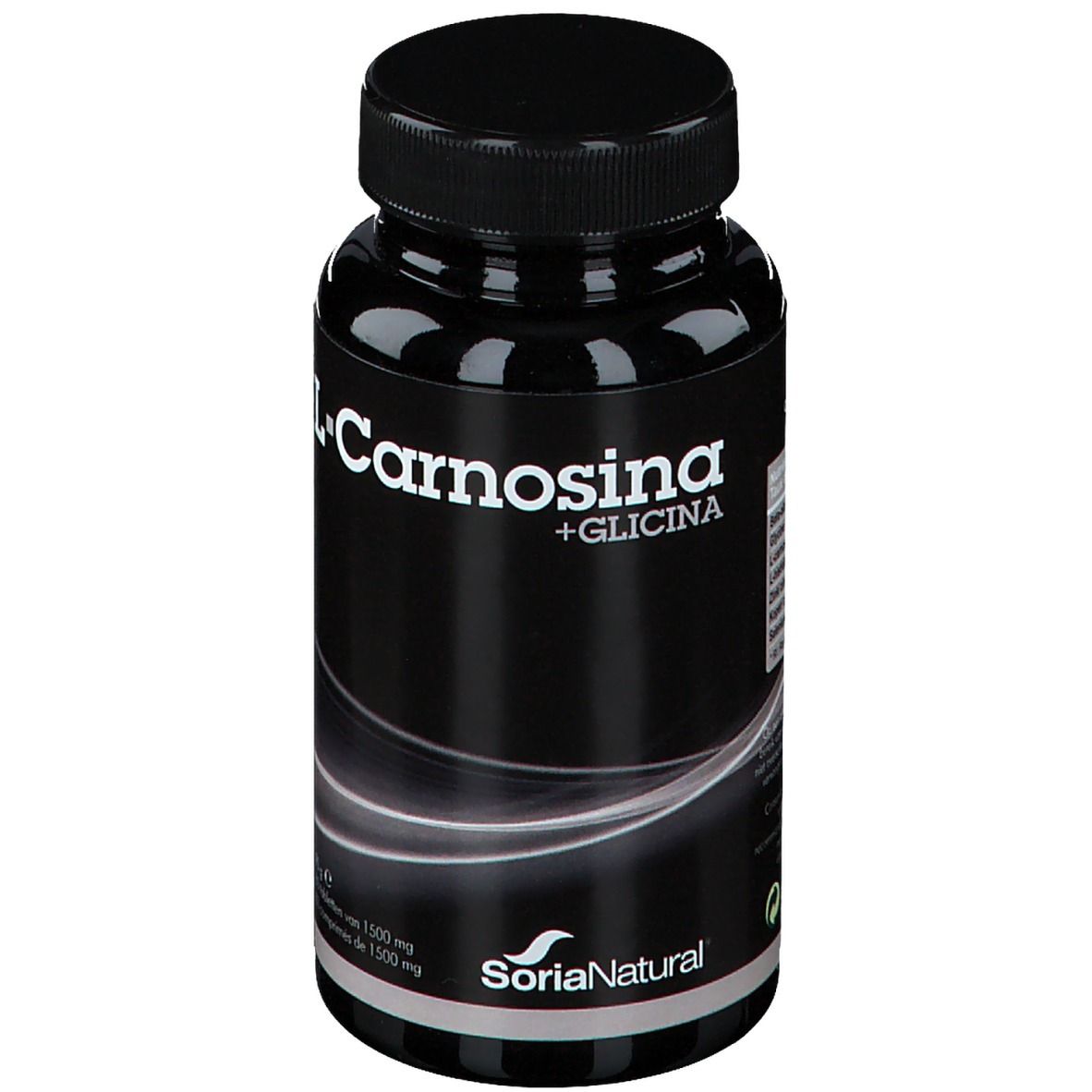 Flacon noir avec L-Carnosina + Glicina. Texte blanc. Marque Soria Natural en bas à droite.