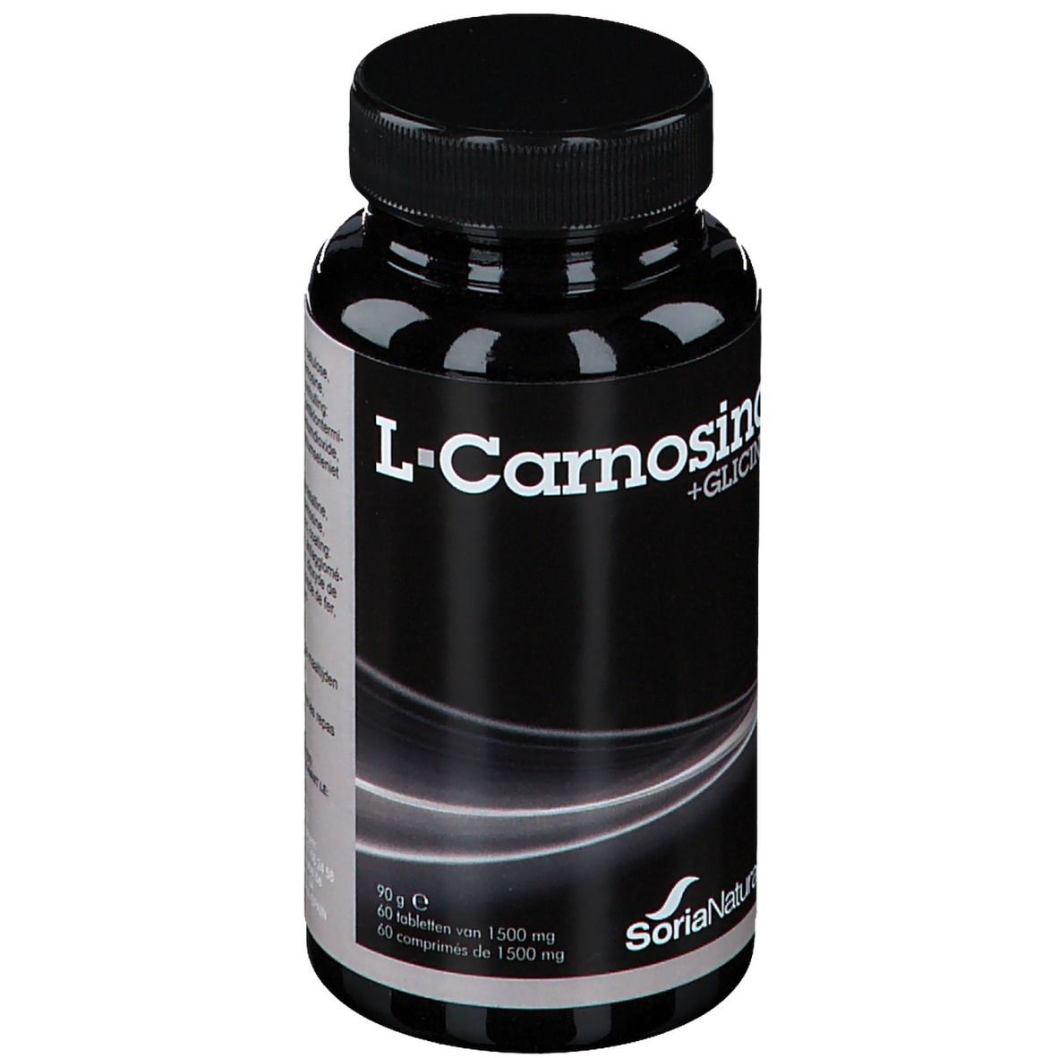 Flacon noir avec L-Carnosina + Glicina. Texte blanc. Marque Soria Natural en bas à droite.