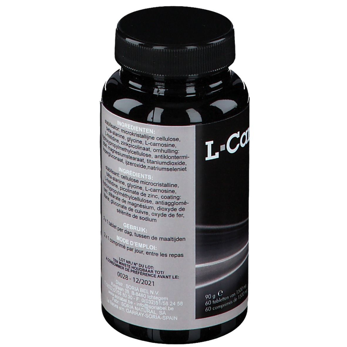 Dos du flacon noir. Liste des ingrédients et dosage. Date de péremption.