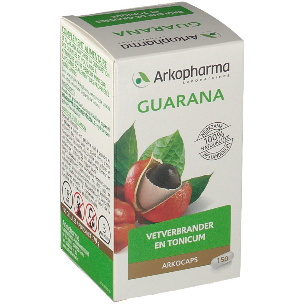 Boîte blanche "Guarana" avec illustration de fruits. Logo Arkopharma. Inscription "Arkocaps" et "150" visibles.