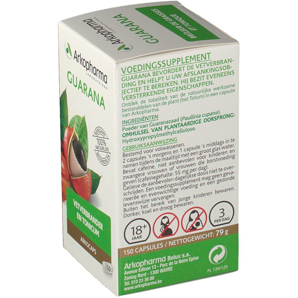 Dos de la boîte blanche "Guarana". Texte multilingue. Logo Arkopharma. "Arkocaps", "150 gélules" et avertissements.