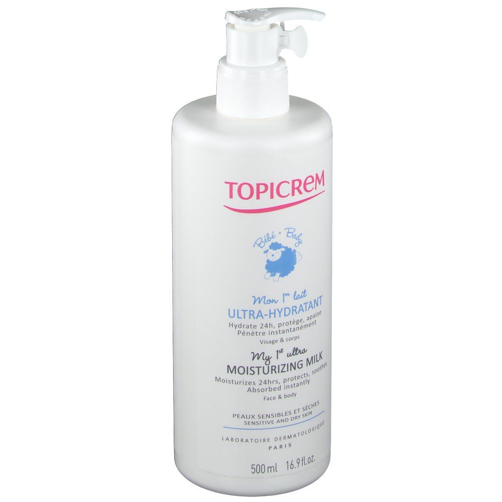 Flacon blanc avec pompe. Inscription TOPICREM, Ultra-Hydratant, My 1st ultra Moisturizing Milk. 500ml.