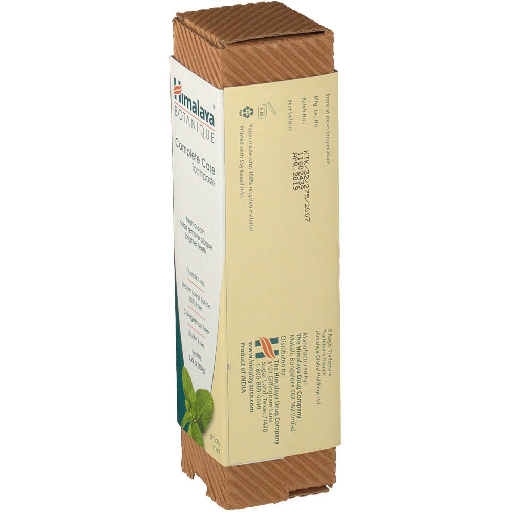 Achterkant van de tandpastadoos. Himalaya Botanique. Bevat informatie over ingrediënten en fabrikant.