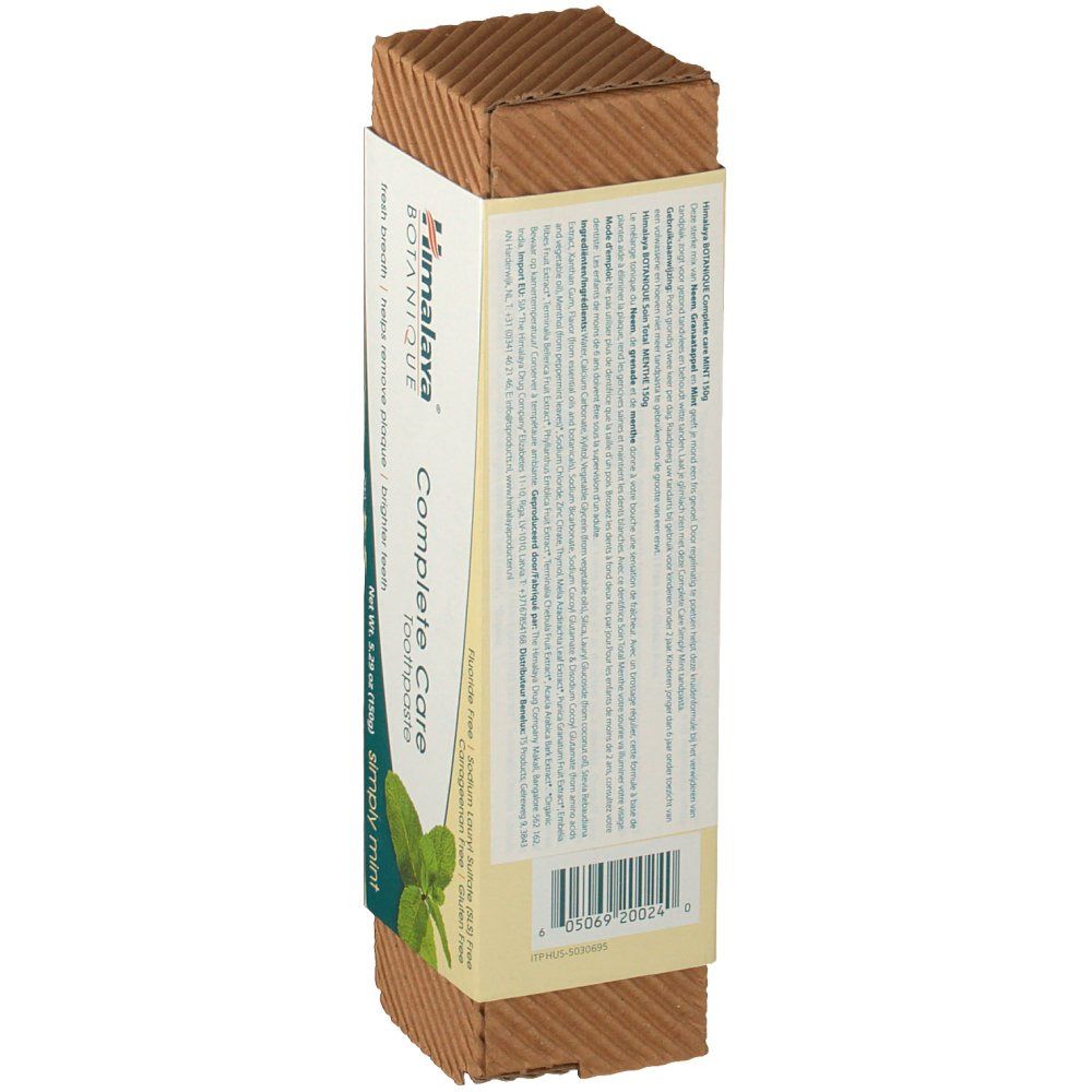 Achterkant van de tandpastadoos. Himalaya Botanique. Bevat informatie over ingrediënten en fabrikant.