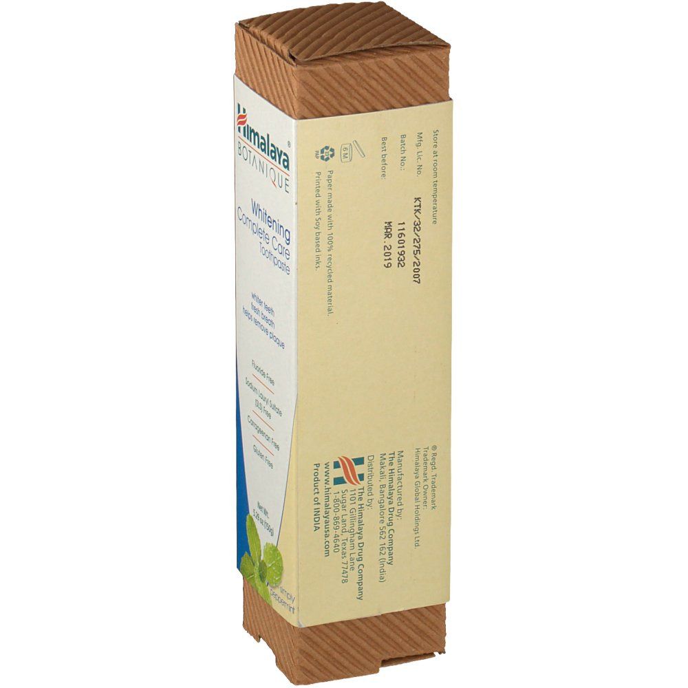 Retro della confezione del dentifricio Himalaya BOTANIQUE. Struttura in cartone marrone. Testo e codice a barre.