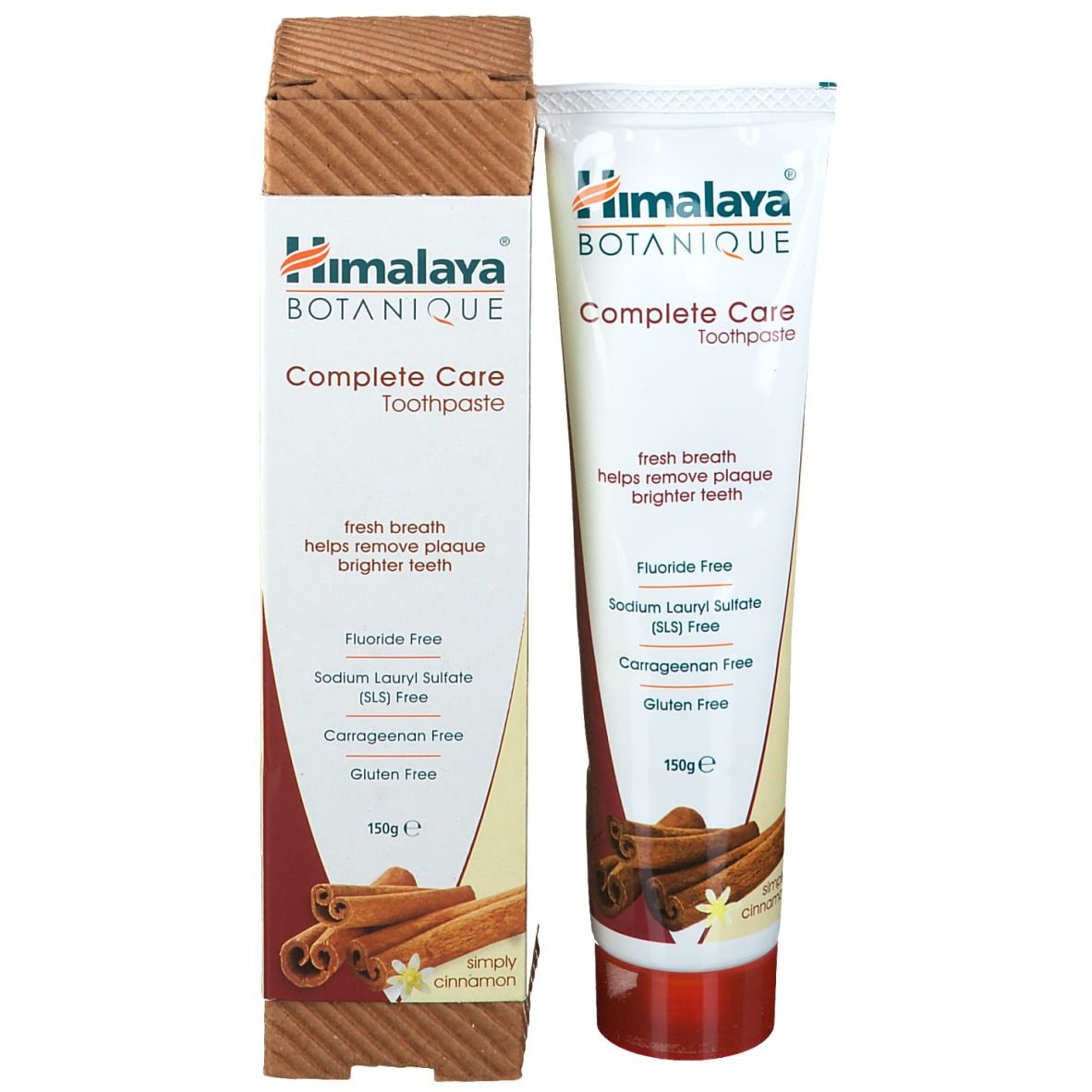 Zahnpasta-Tube und Kartonverpackung. Aufschrift: Himalaya Botanique Complete Care. Enthält keine Fluoride, SLS, Carrageen und Gluten.