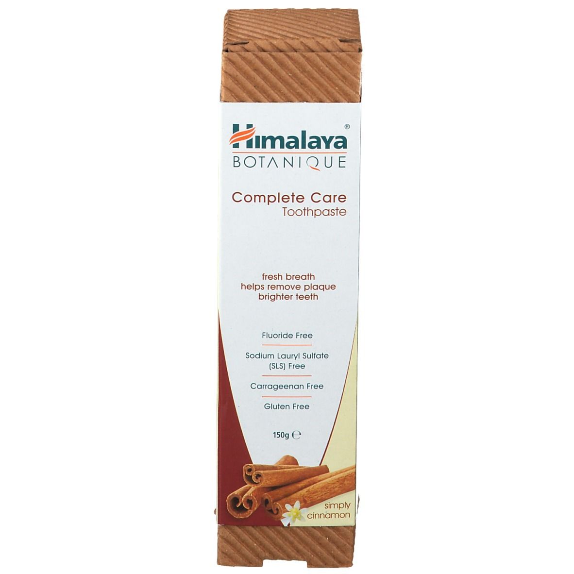 Kartonverpackung mit Zahnpasta-Tube. Aufschrift: Himalaya Botanique Complete Care. Enthält keine Fluoride, SLS, Carrageen und Gluten.