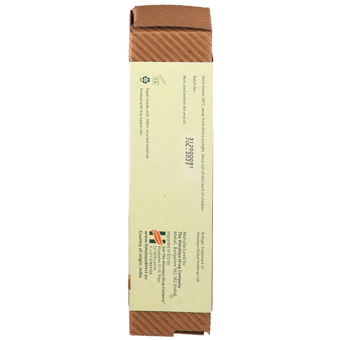 Kartonverpackung, Rückseite. Informationen zu Inhaltsstoffen, Hersteller und Haltbarkeit. Haltbar bis Juli 2022.