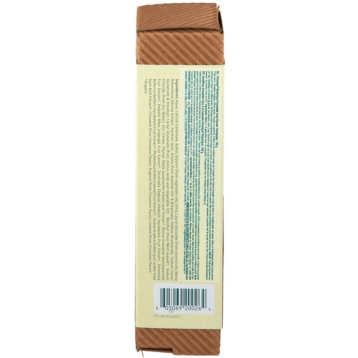 Kartonverpackung, Seite. Informationen zu Inhaltsstoffen. Papier aus 100% recyceltem Material.