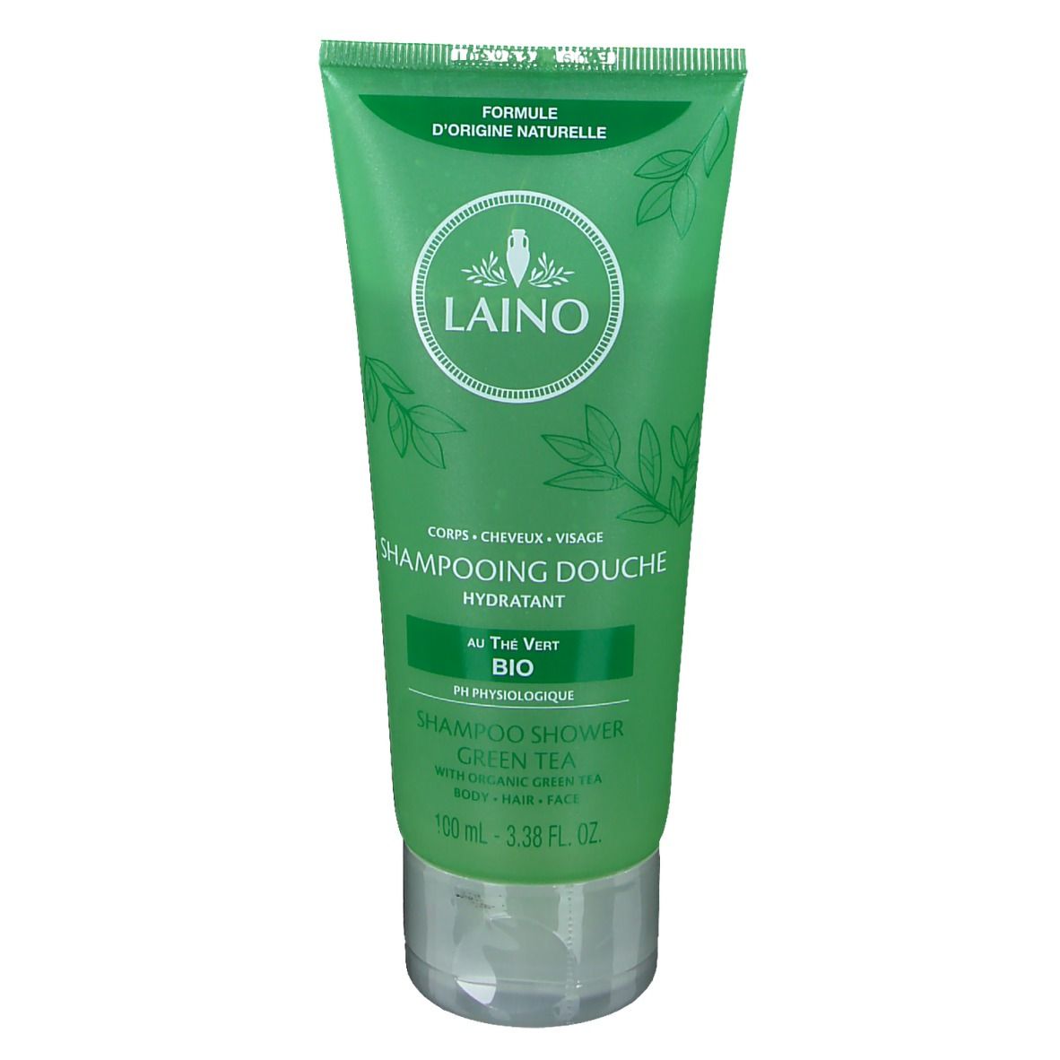 Tube vert avec logo LAINO et inscription 'Shampooing Douche'. Contient du thé vert. Certification Bio.