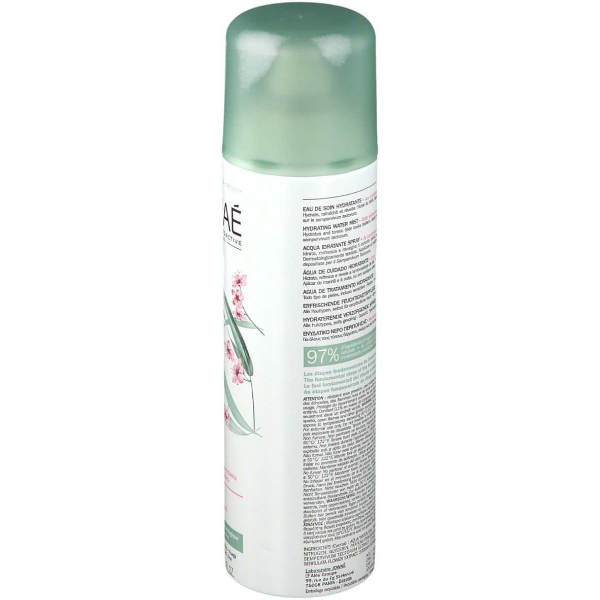 Jowaé Eau de Soin Hydratante. Flacon vaporisateur blanc, bouchon vert. Décor floral. Texte: Eau de Soin Hydratante, Hydrating Water Mist.