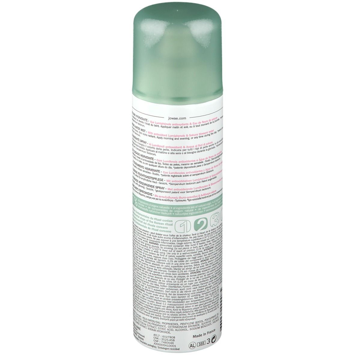 Jowaé Eau de Soin Hydratante. Flacon vaporisateur blanc, bouchon vert. Décor floral. Texte: Eau de Soin Hydratante, Hydrating Water Mist.