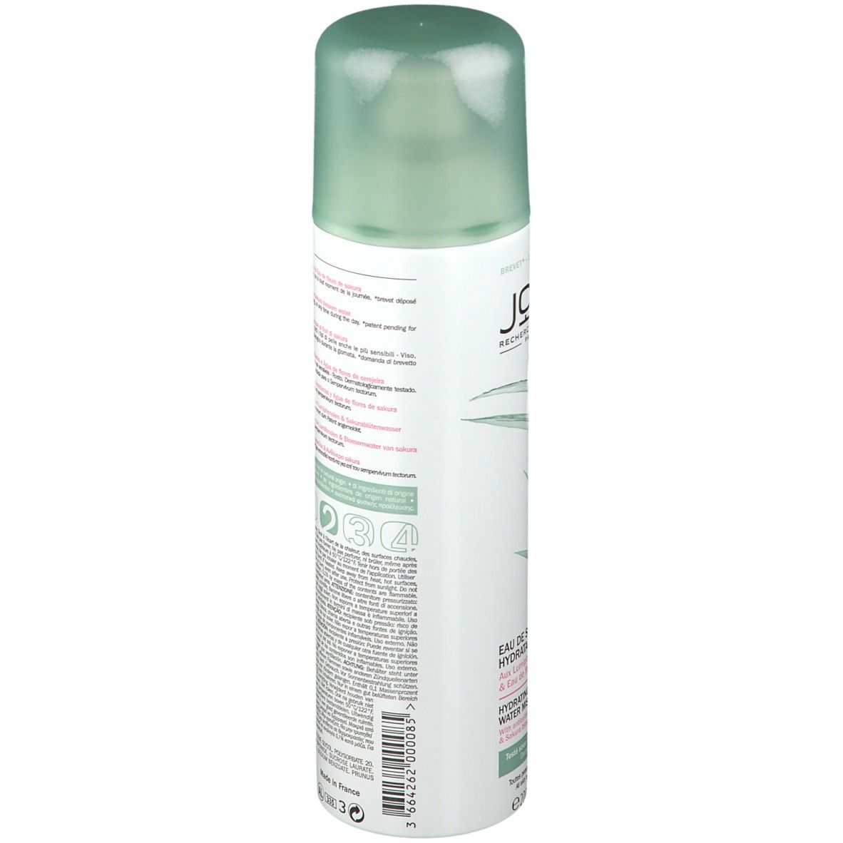 Jowaé Eau de Soin Hydratante. Flacon vaporisateur blanc, bouchon vert. Décor floral. Texte: Eau de Soin Hydratante, Hydrating Water Mist.