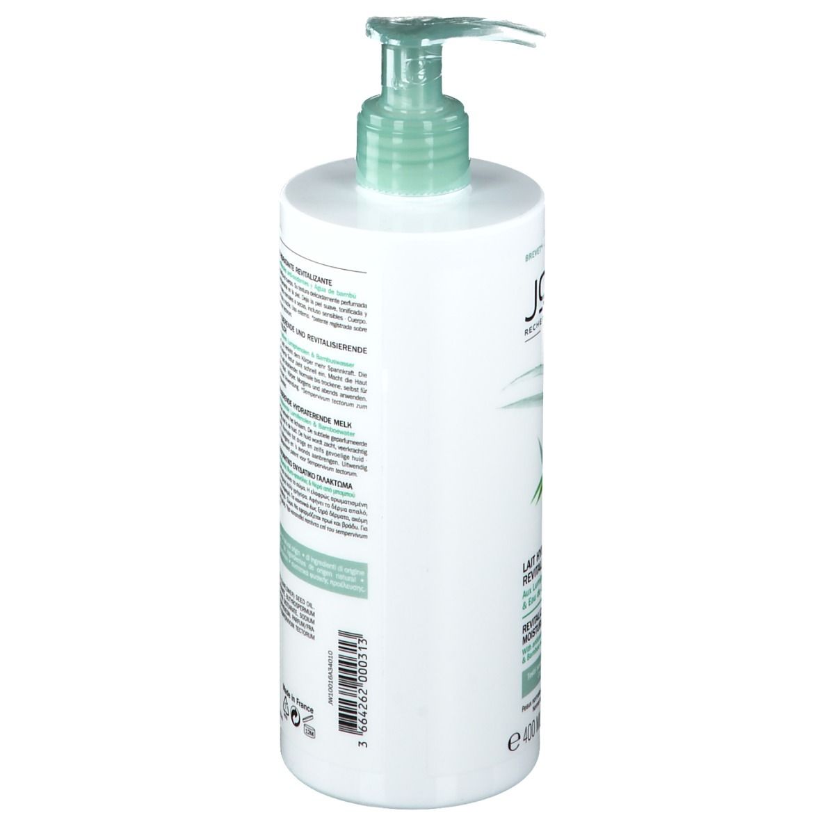 Witte fles met groene pomp. Opschrift: JOWAE, Lait Hydratant Revitalisant, Revitalizing Moisturizing Lotion. Bamboe-illustratie.