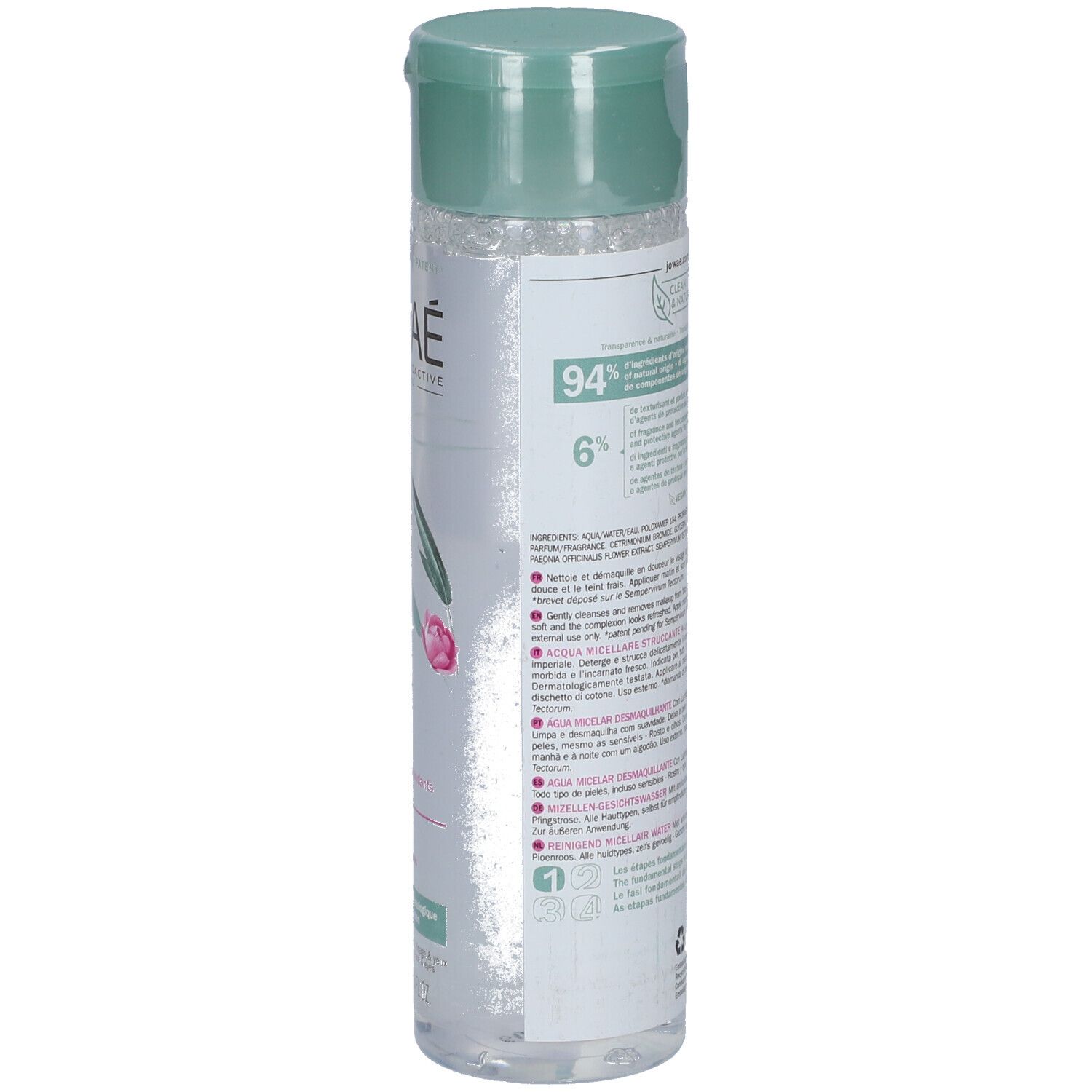 Rückansicht der Flasche. Text auf Etikett. Informationen zu Inhaltsstoffen und Zertifizierungen. Grüner Deckel.