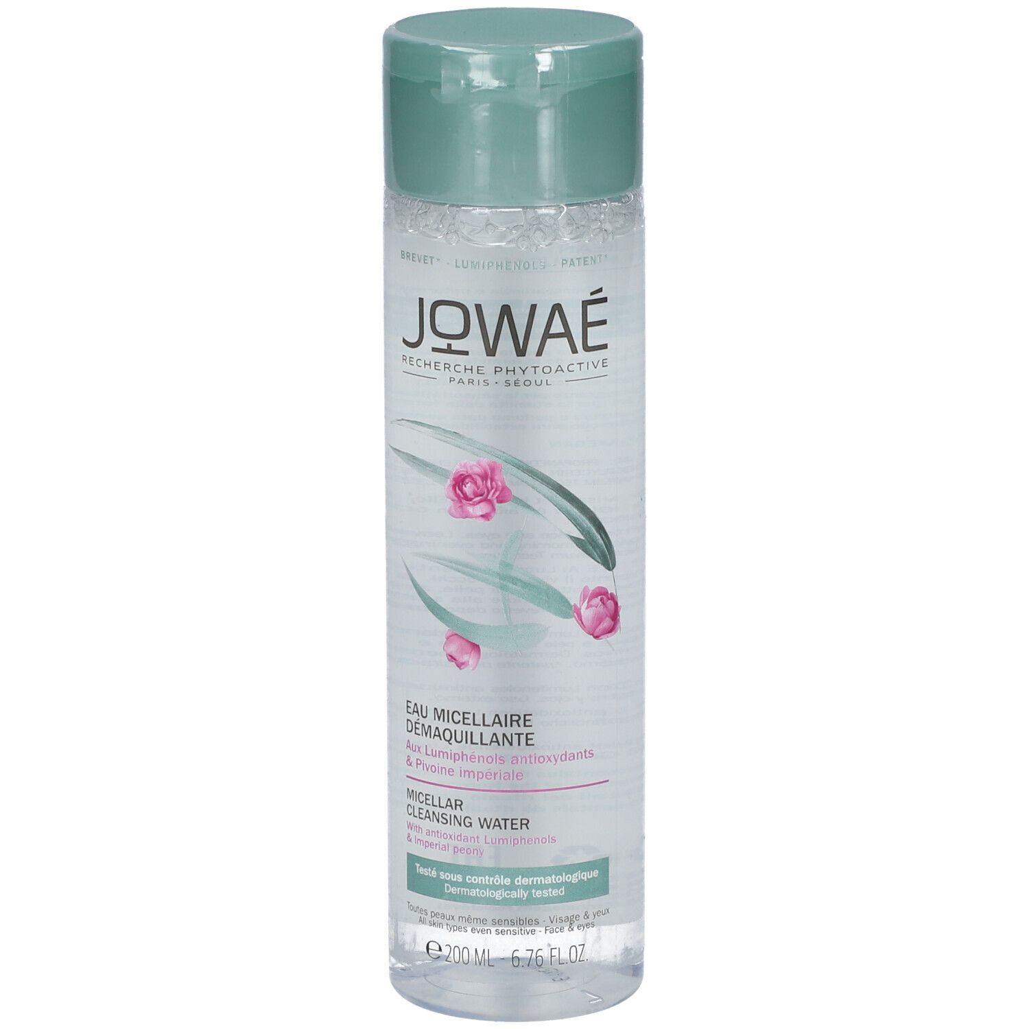 Klare Flasche mit grünem Deckel. Aufschrift: Jowaé, Eau Micellaire Démaquillante, Micellar Cleansing Water. Mit floralem Design.
