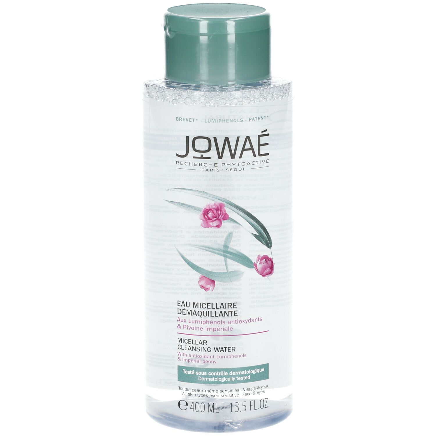 Flacon d'eau micellaire Jowaé. Emballage vert et blanc avec nom du produit et motif floral. 400 ml.