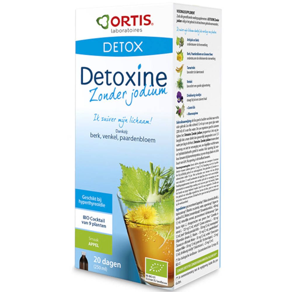 ORTIS® Detoxine Zonder Jodium. Kartonnen doos met productinfo en illustraties. Met appelsmaak.