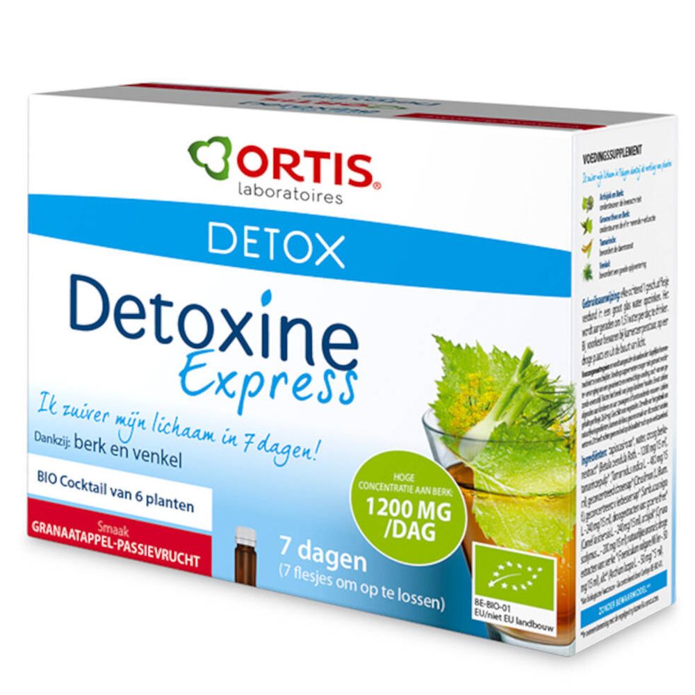 ORTIS Detoxine Express BIO. Kartonnen doos met productnaam en logo. Bevat 7 flesjes. Biologische certificering.