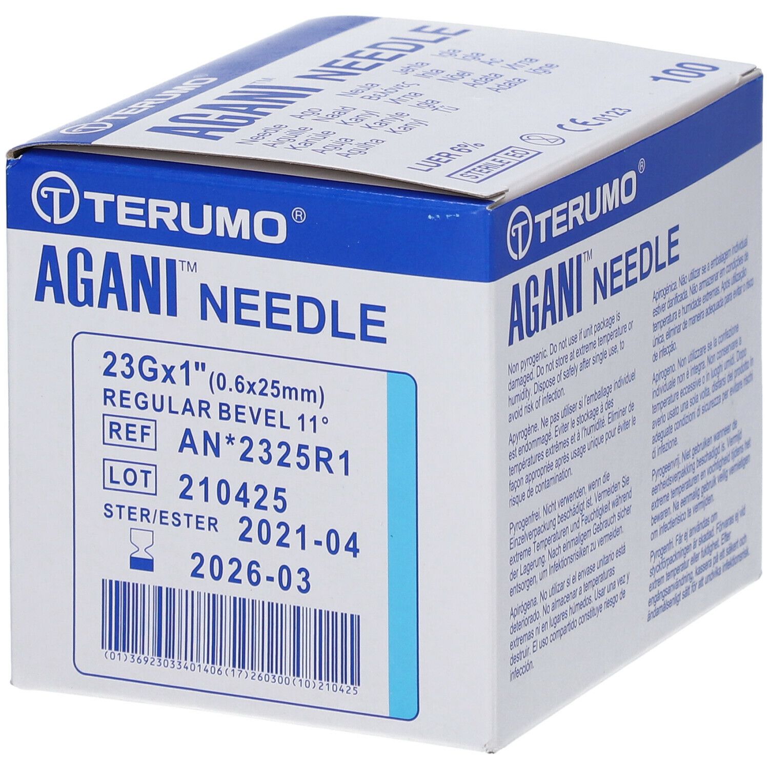 Boîte Terumo Agani Needle. Inscription : 23Gx1" (0,6x25mm), Regular Bevel 11°.
