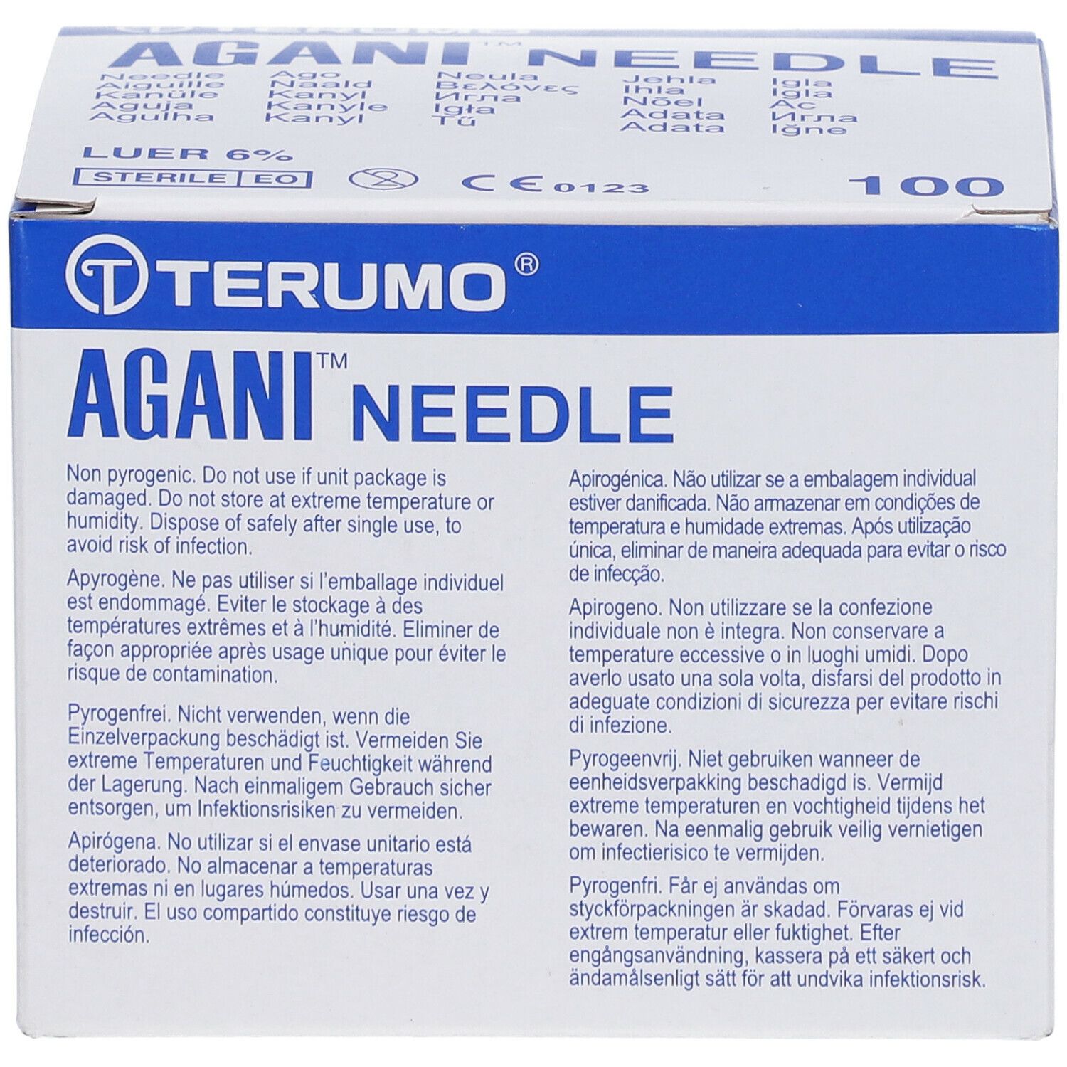 Boîte Terumo Agani Needle. Inscription : Agani Needle, 100 pièces, Stérile.