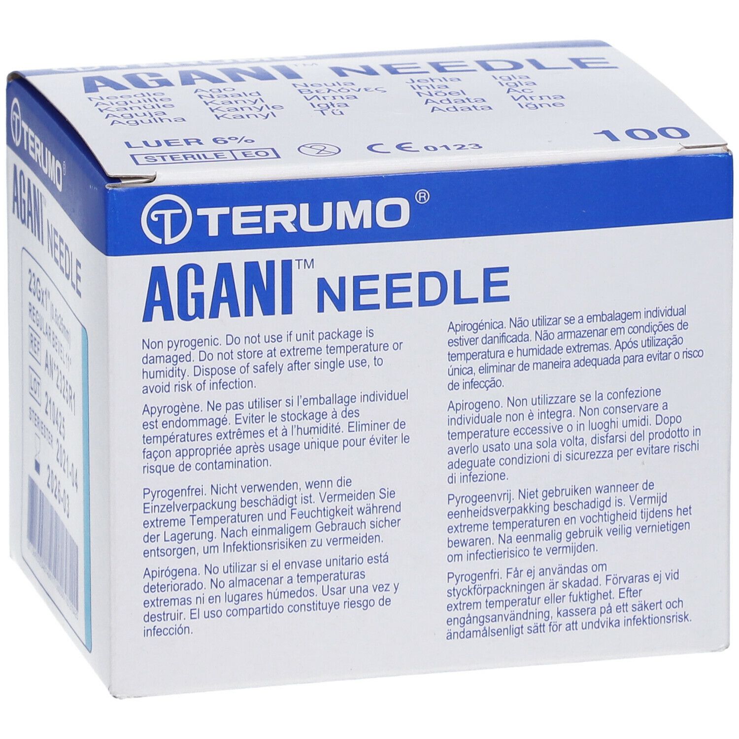 Boîte Terumo Agani Needle. Inscription : Agani Needle, 100 pièces, Stérile.