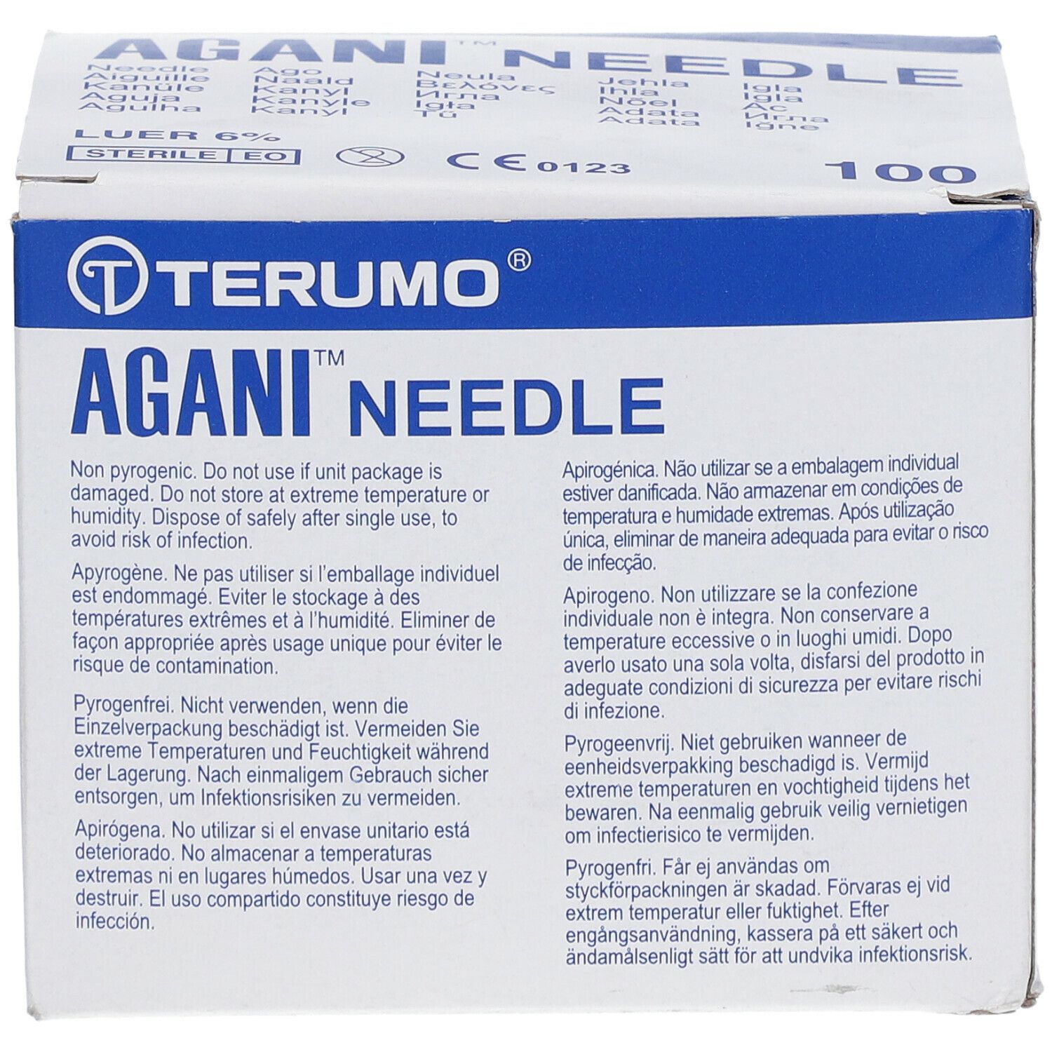 Boîte d'aiguilles Terumo Agani. Inscription : Agani Needle. Avertissements multilingues.